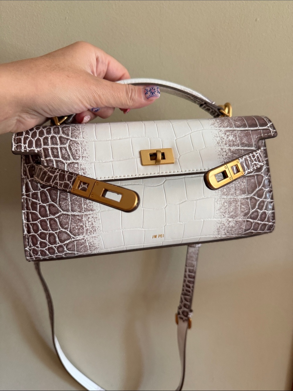 JW PEI White Croc-Embossed Top Handle Bag with Gold Hardware
